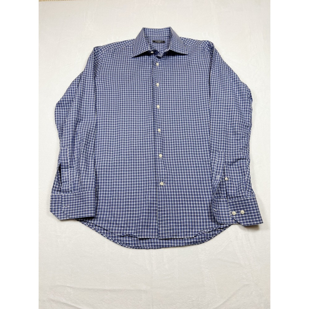 Saks Fifth Avenue Mens Blue White Checkered Button Down Shirt 15.5 L Cotton